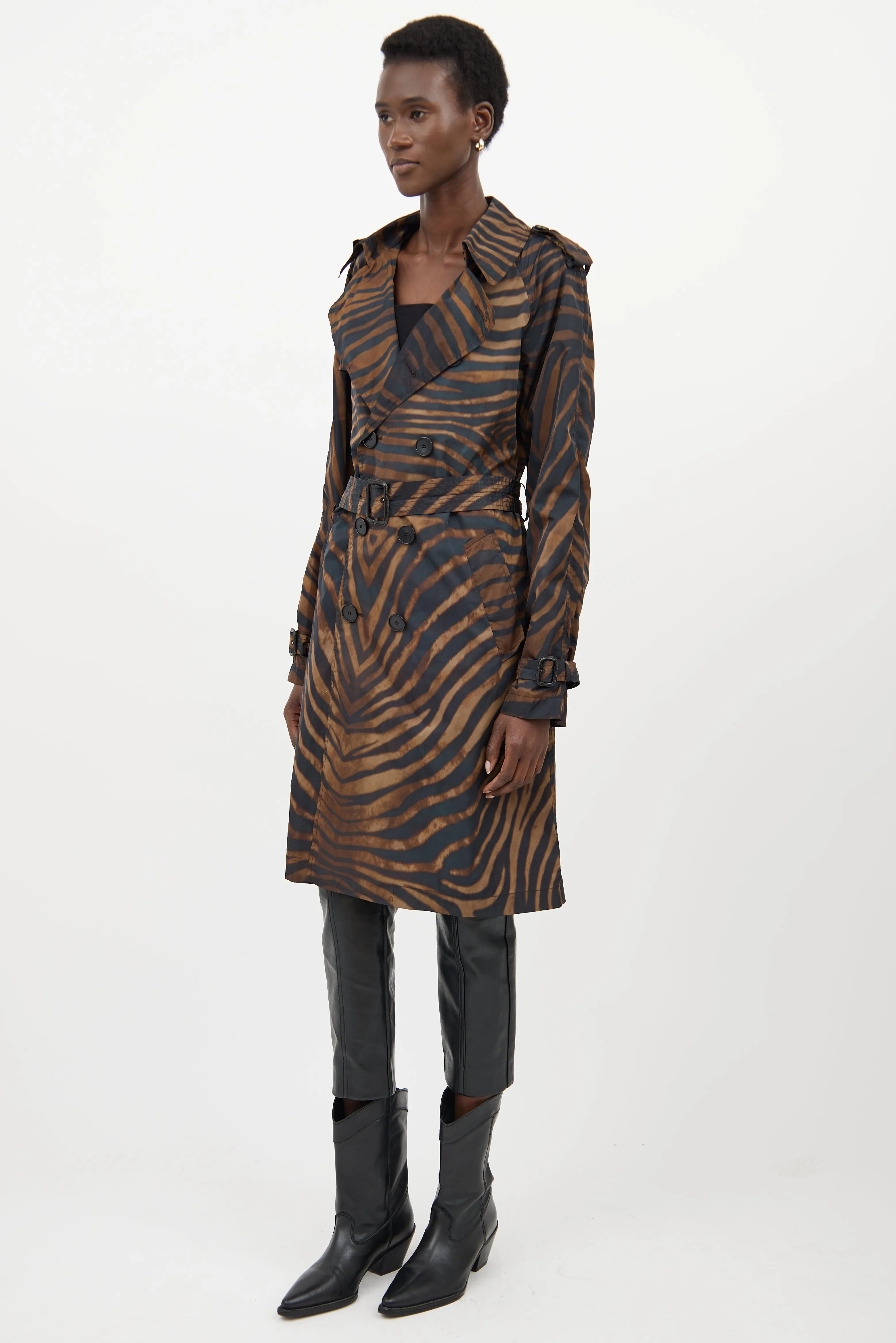 Brown & Black Nylon Striped Trenchcoat