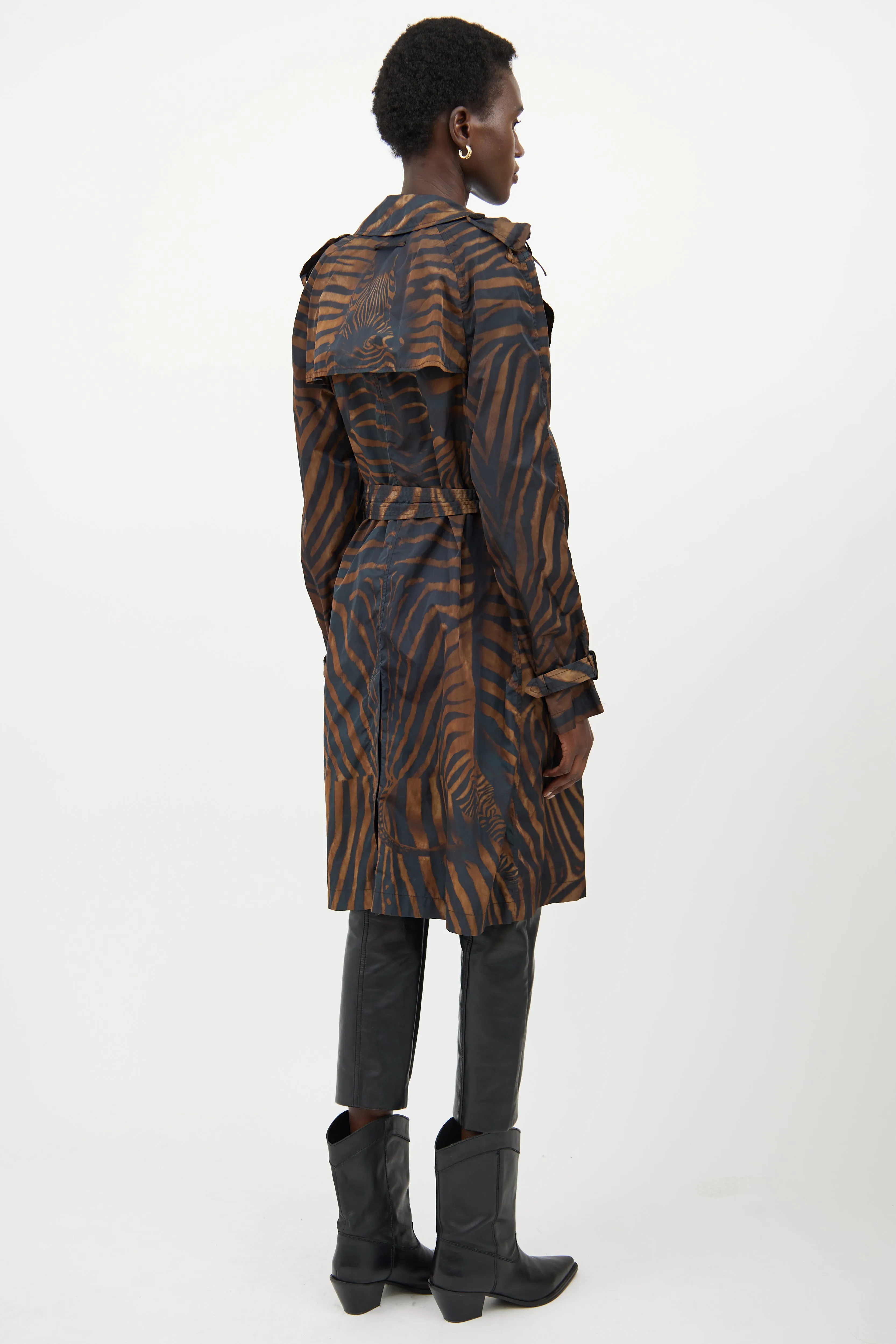 Brown & Black Nylon Striped Trenchcoat