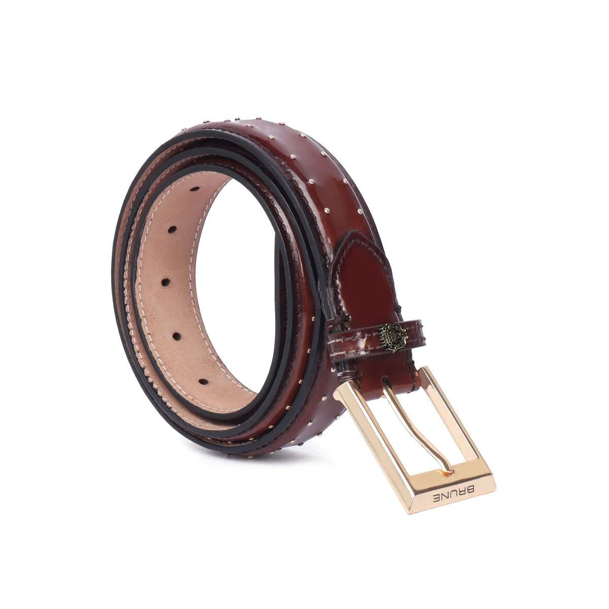 Brown Pint-Sized Stud Detailing Patent Leather Gold Finish Buckle Belts By Brune & Bareskin