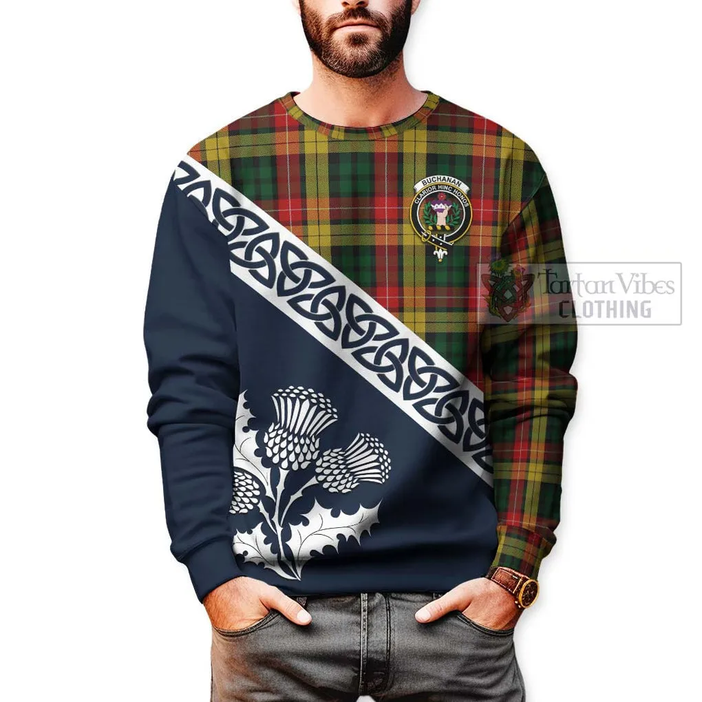 Buchanan Tartan Sweatshirt Featuring Thistle and Scotland Map