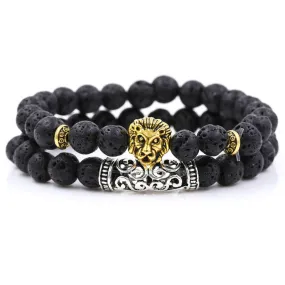 Burbank Gold Lion Black Stackable Lavastone Beaded Bracelets