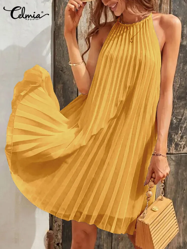 Celmia Women Summer Sleeveless Mini 2024 Party Sexy Straps Pleated Sun Casual Loose O Neck Short Robes Oversize Midi Dress