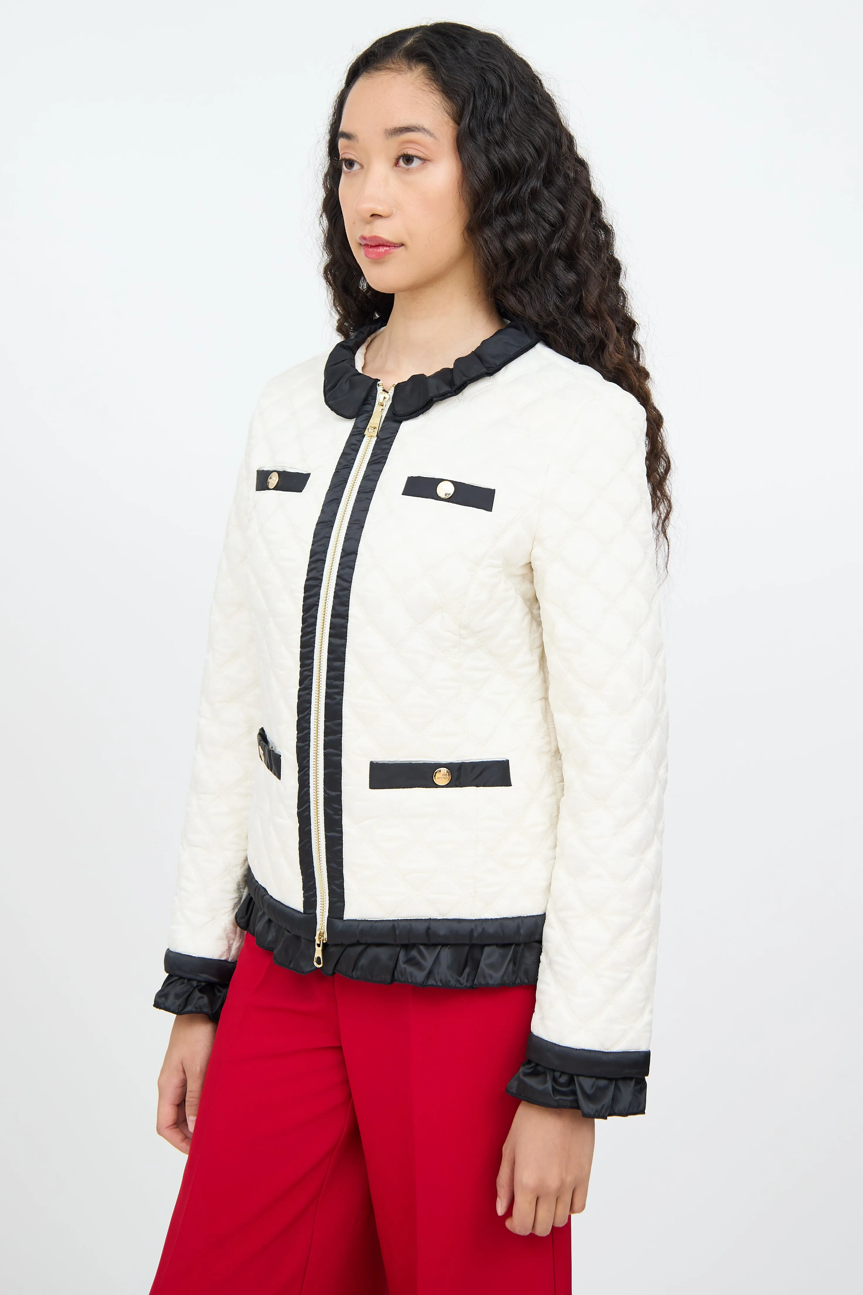 Cream & Black Quilted Zip Jacket