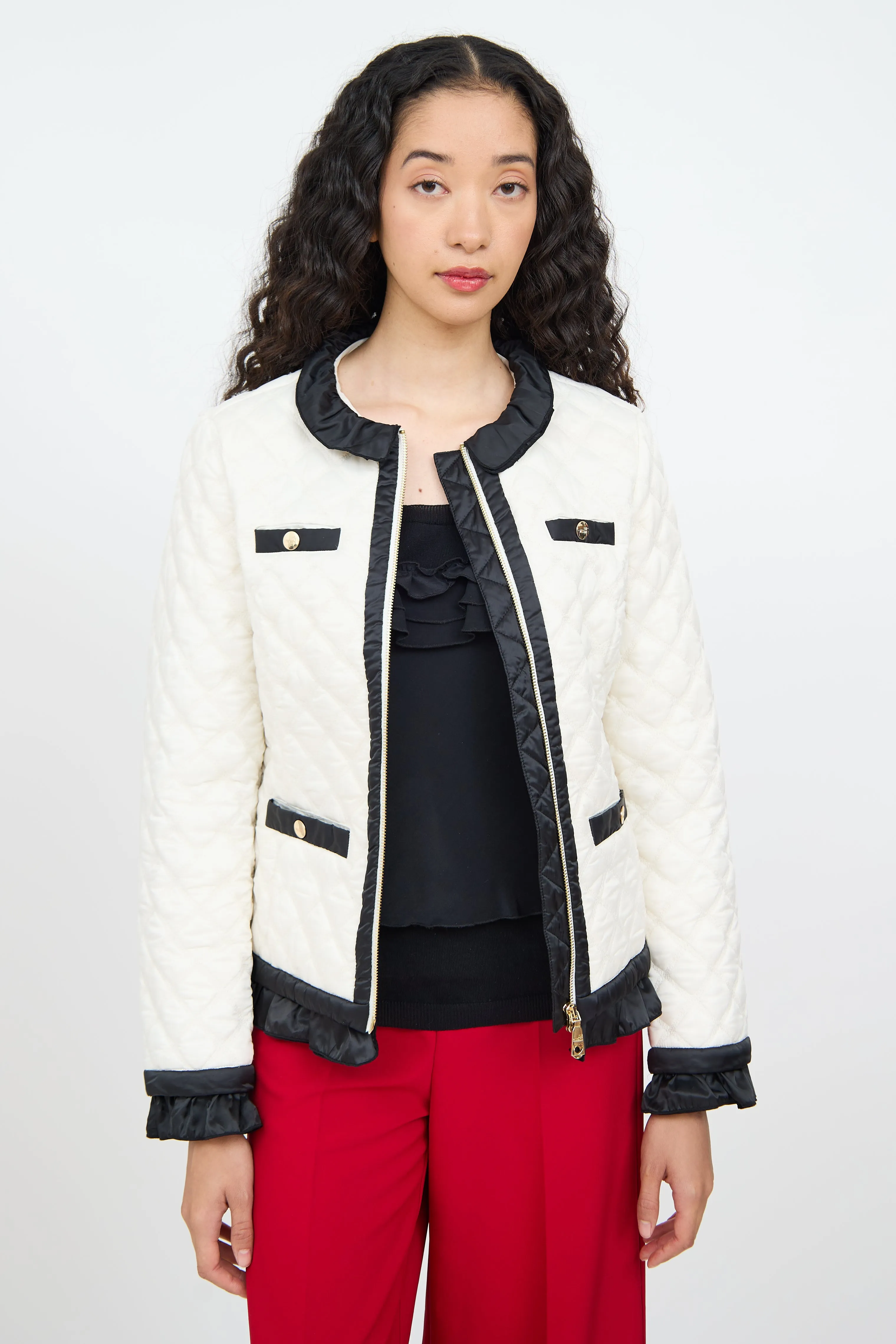 Cream & Black Quilted Zip Jacket