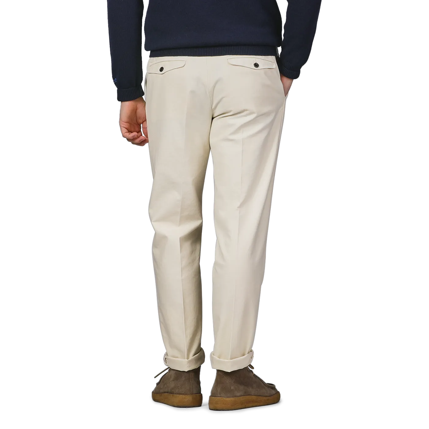 Cream White Cotton Twill Pleated Chinos