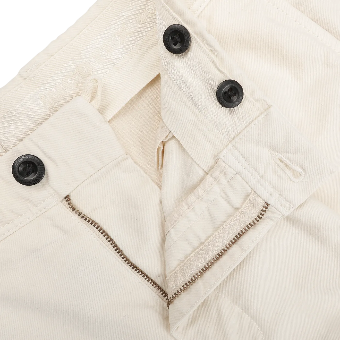 Cream White Cotton Twill Pleated Chinos