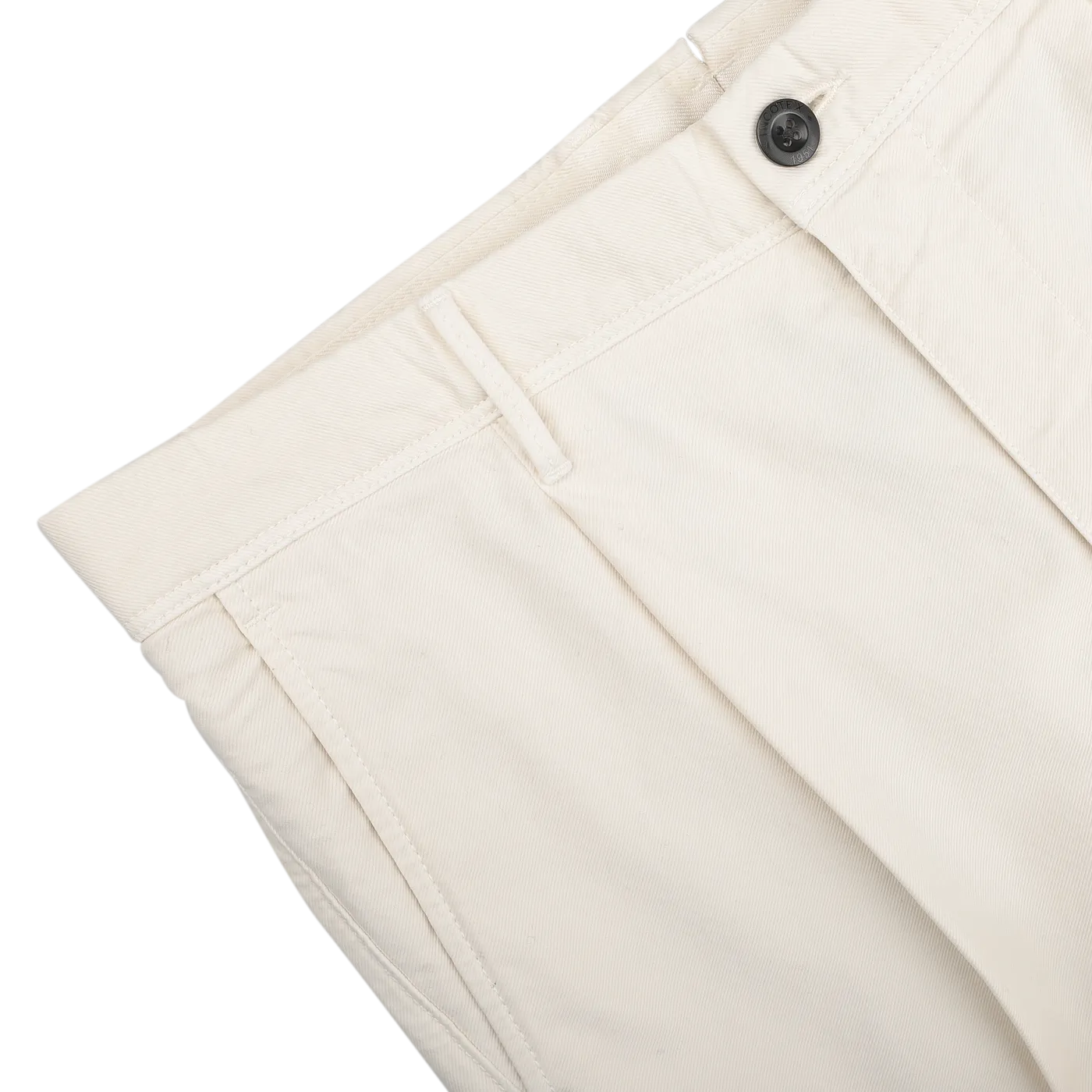 Cream White Cotton Twill Pleated Chinos