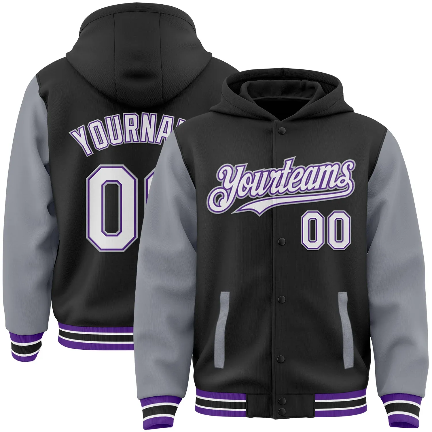 Custom Black Gray-Purple Bomber Full-Snap Varsity Letterman Two Tone Hoodie Jacket