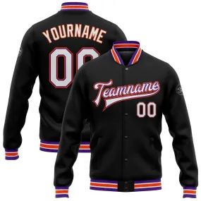 Custom Black White Purple-Orange Bomber Full-Snap Varsity Letterman Jacket