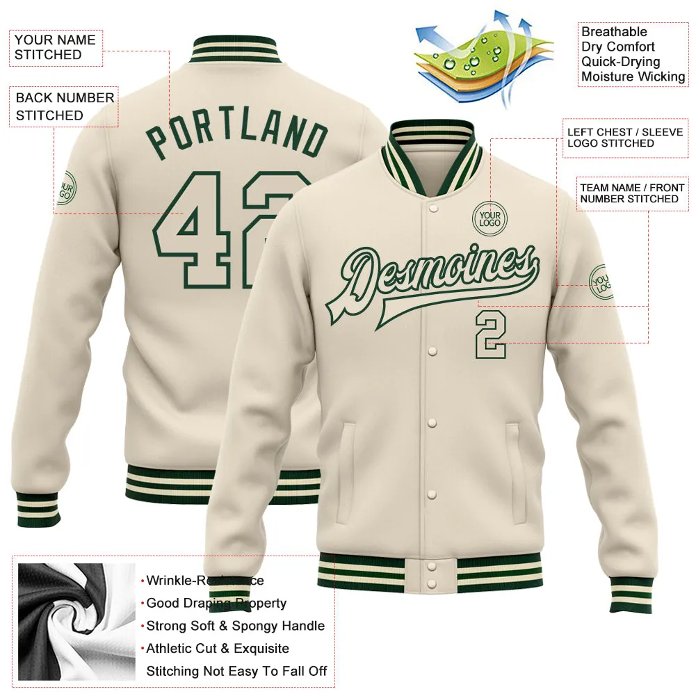 Custom Cream Cream-Green Bomber Full-Snap Varsity Letterman Jacket