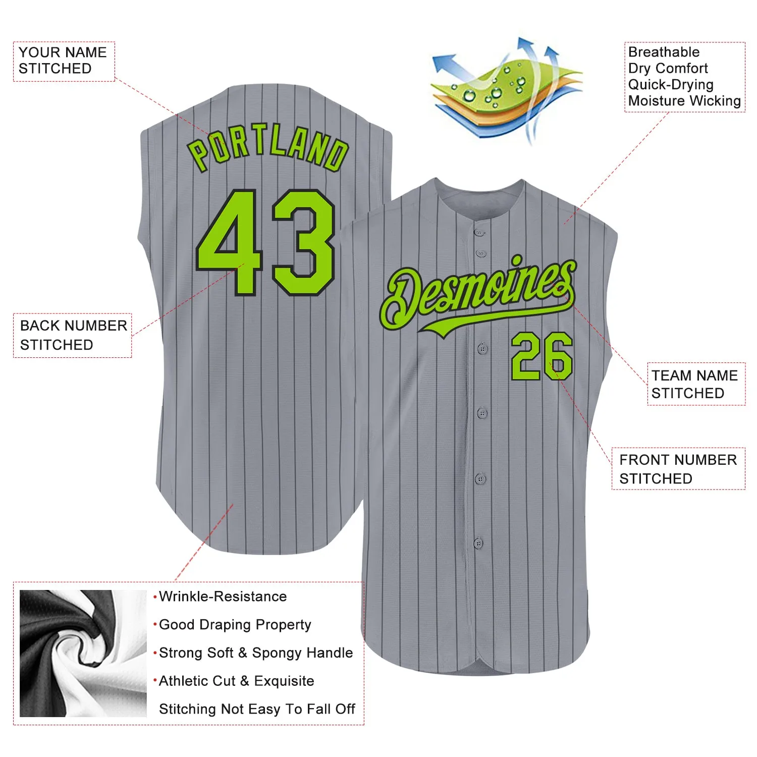 Custom Gray Black Pinstripe Neon Green Authentic Sleeveless Baseball Jersey