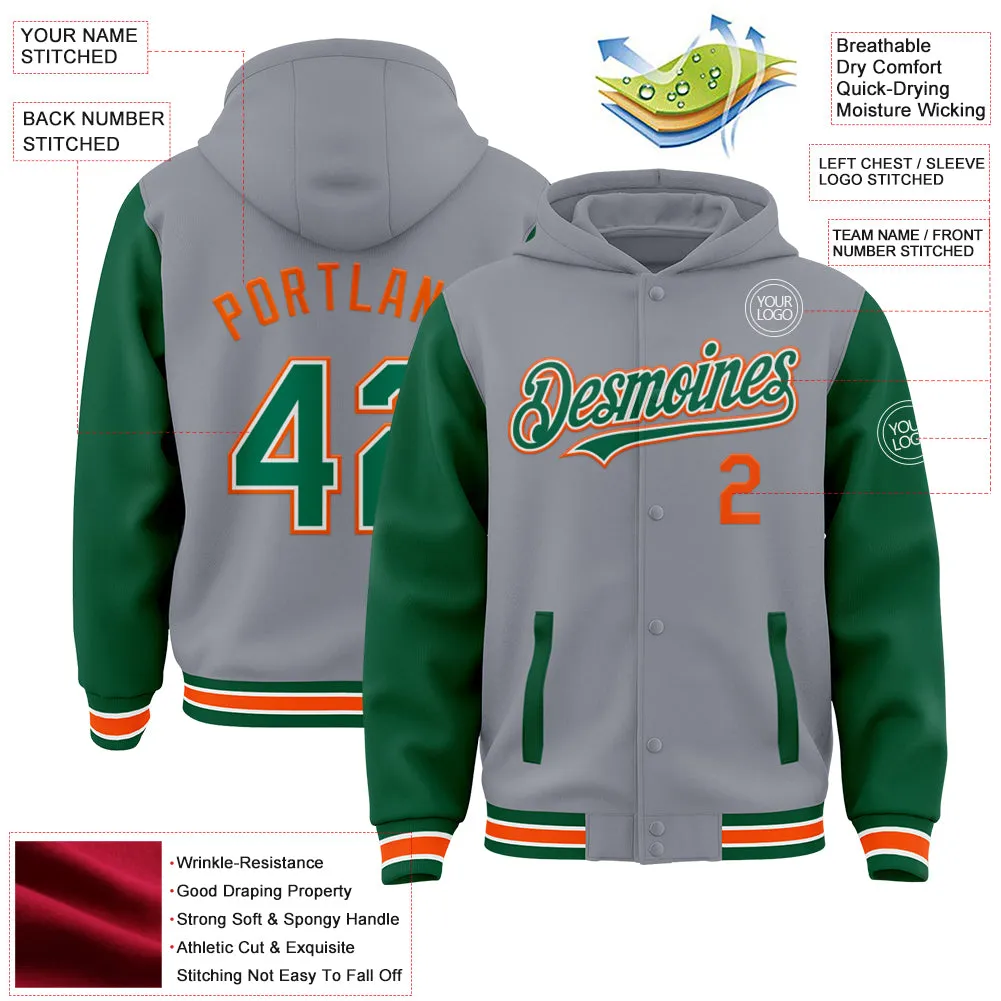 Custom Gray Kelly Green-Orange Bomber Full-Snap Varsity Letterman Two Tone Hoodie Jacket