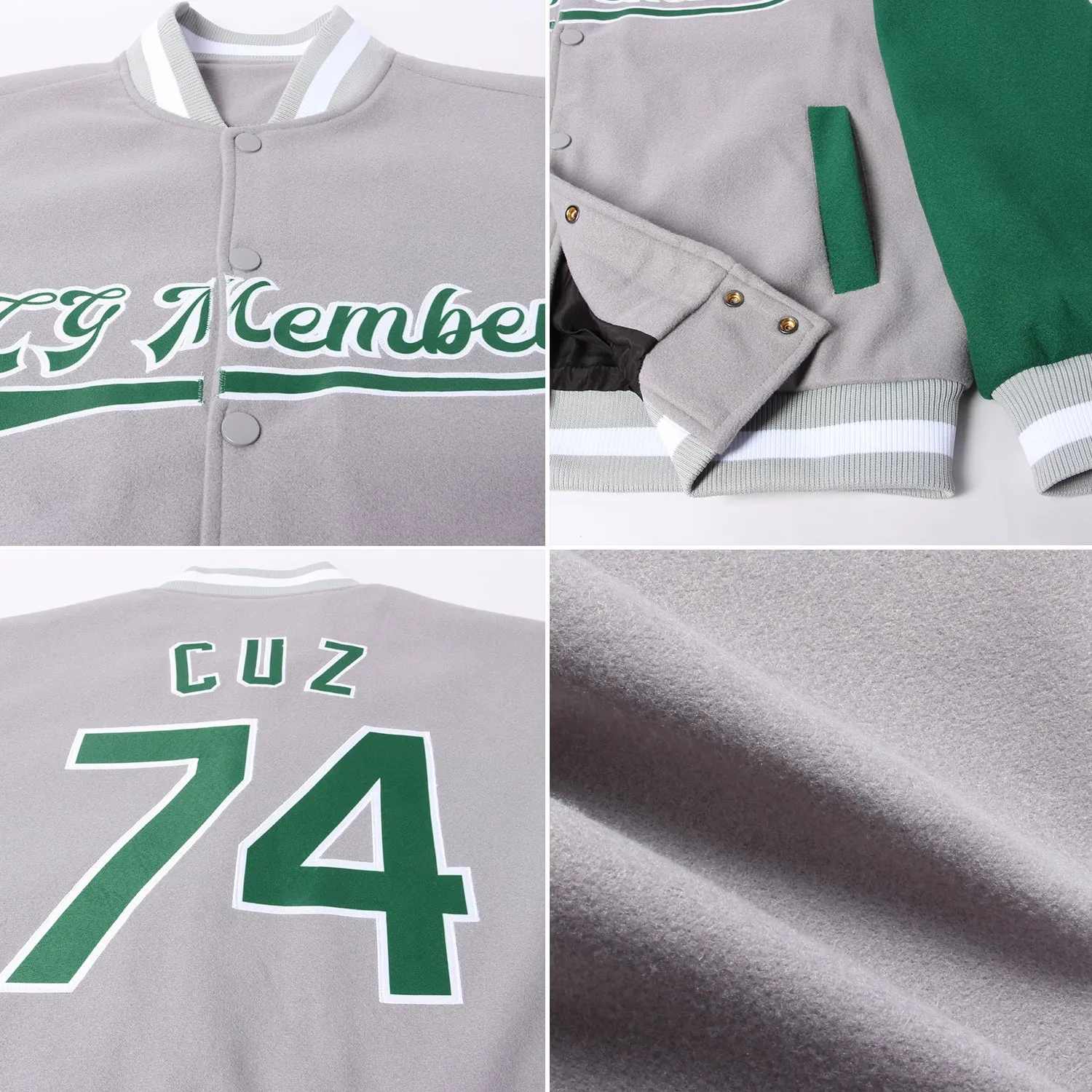 Custom Gray Kelly Green-White Bomber Full-Snap Varsity Letterman Two Tone Jacket