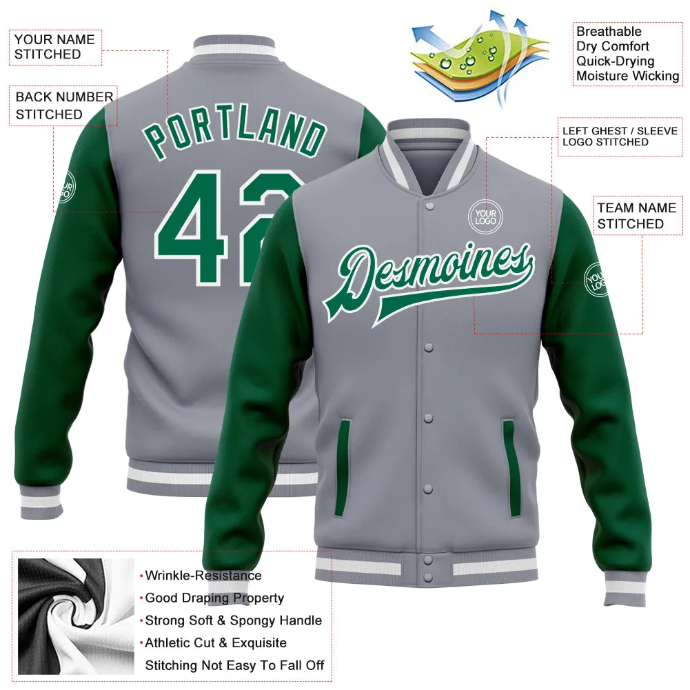 Custom Gray Kelly Green-White Bomber Full-Snap Varsity Letterman Two Tone Jacket