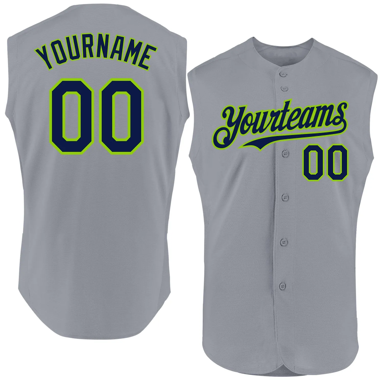 Custom Gray Navy-Neon Green Authentic Sleeveless Baseball Jersey