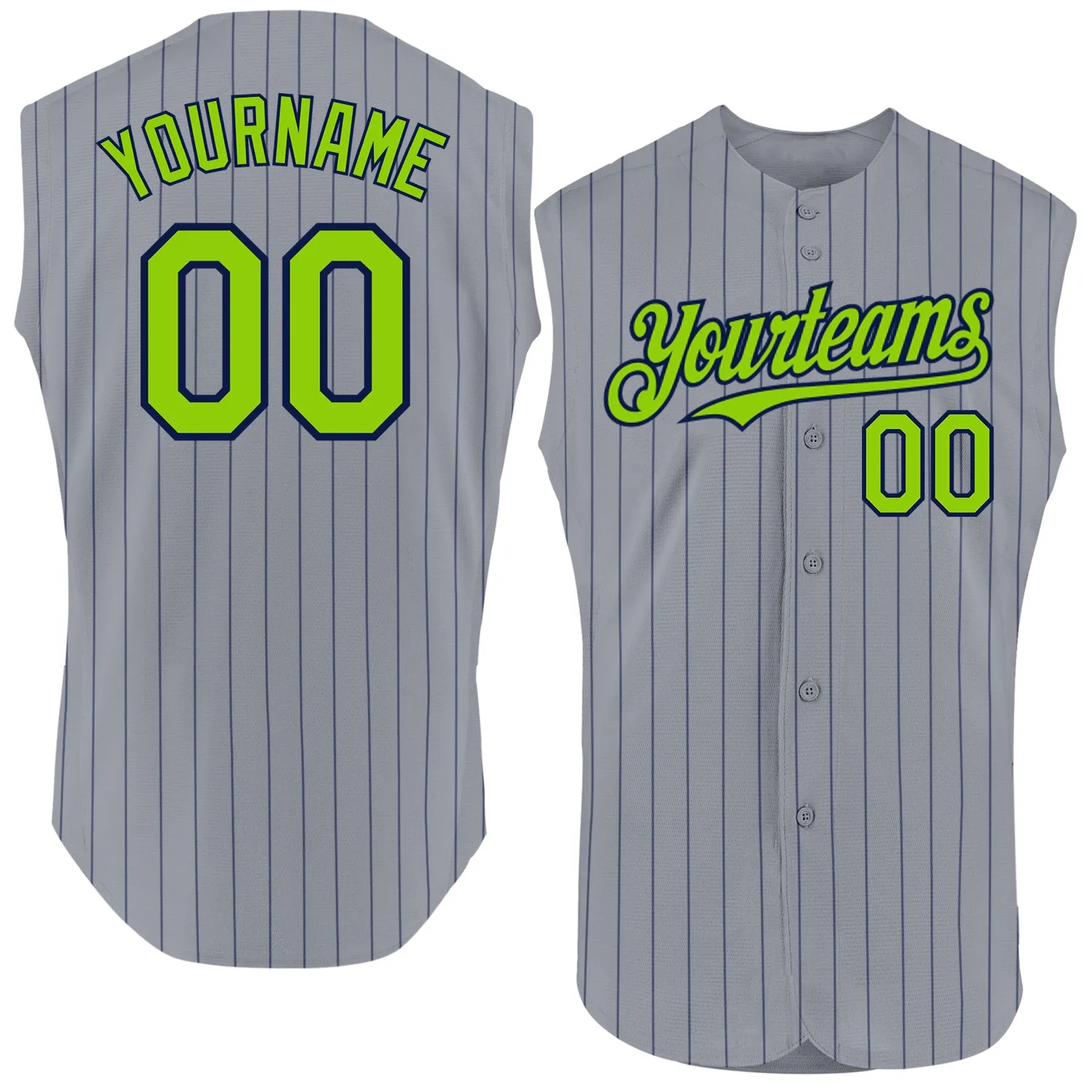 Custom Gray Navy Pinstripe Neon Green Authentic Sleeveless Baseball Jersey