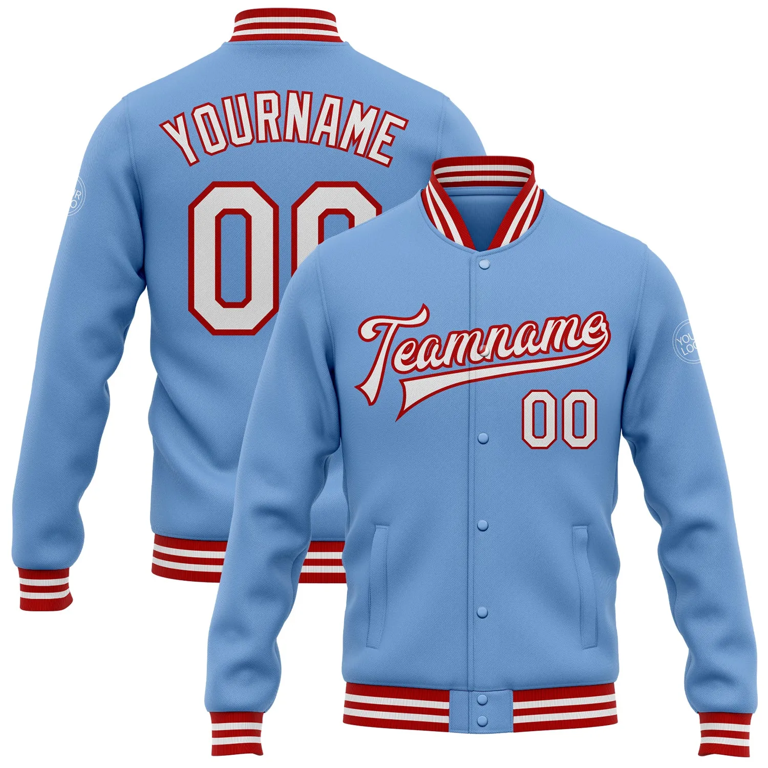 Custom Light Blue White-Red Bomber Full-Snap Varsity Letterman Jacket