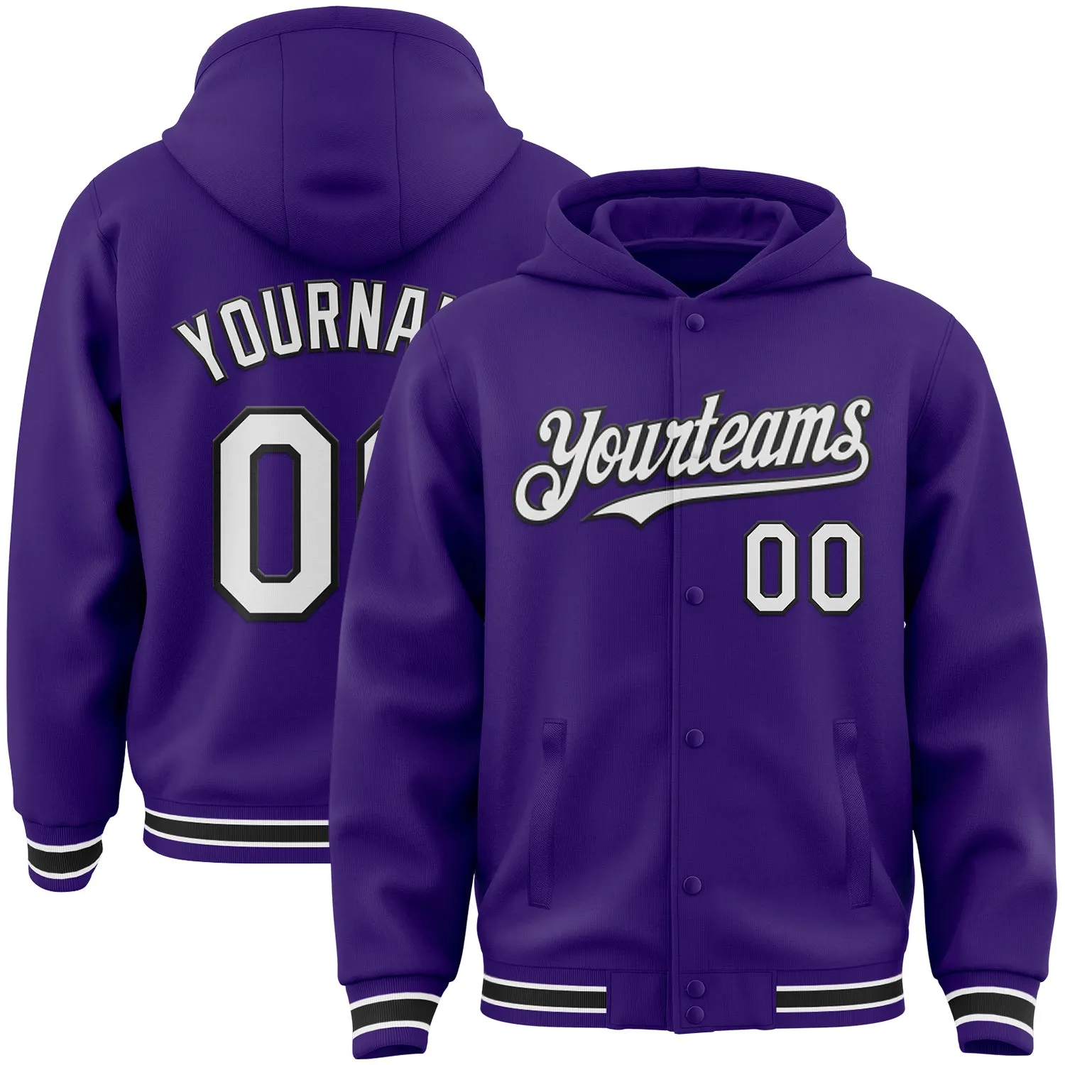 Custom Purple White-Black Bomber Full-Snap Varsity Letterman Hoodie Jacket