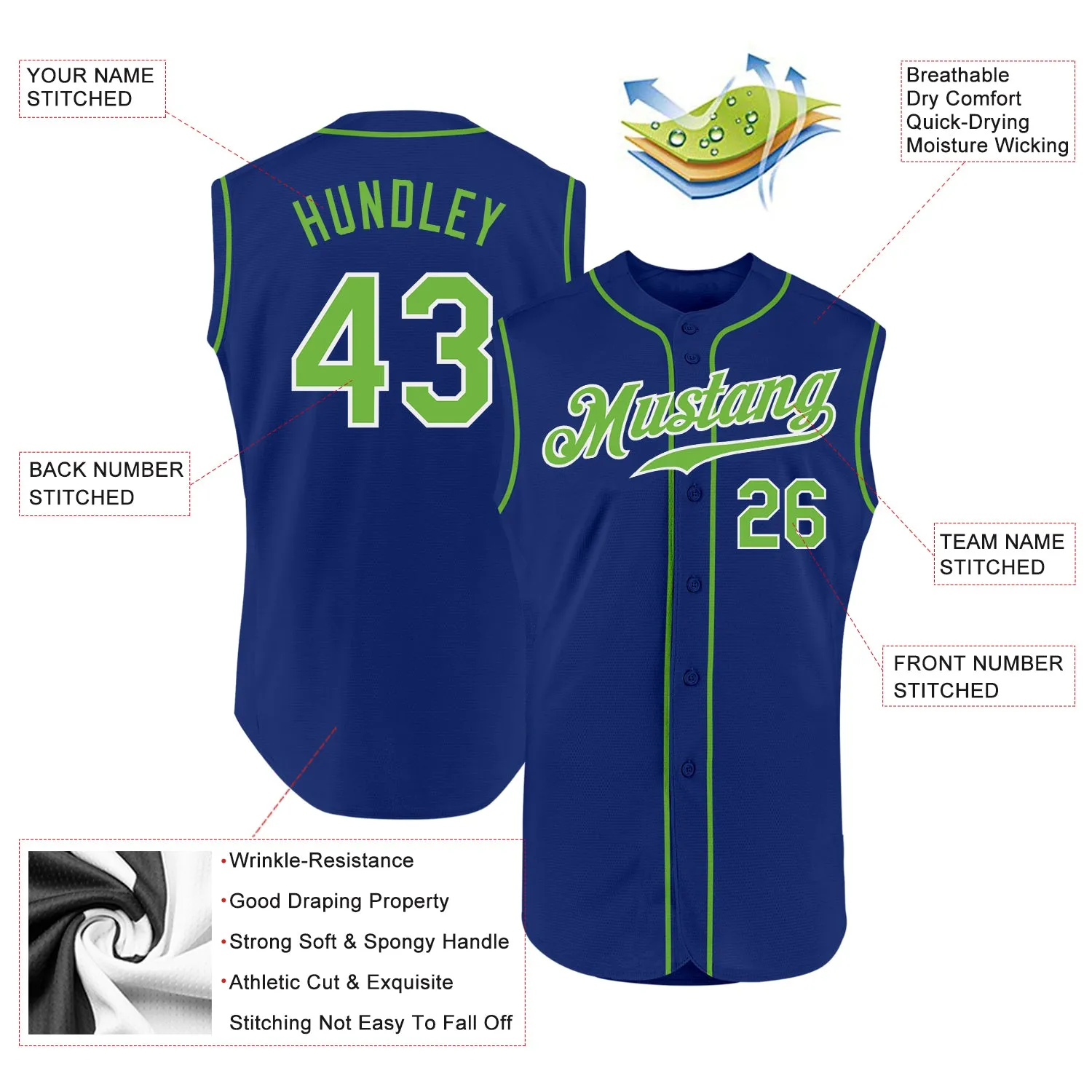 Custom Royal Neon Green-White Authentic Sleeveless Baseball Jersey