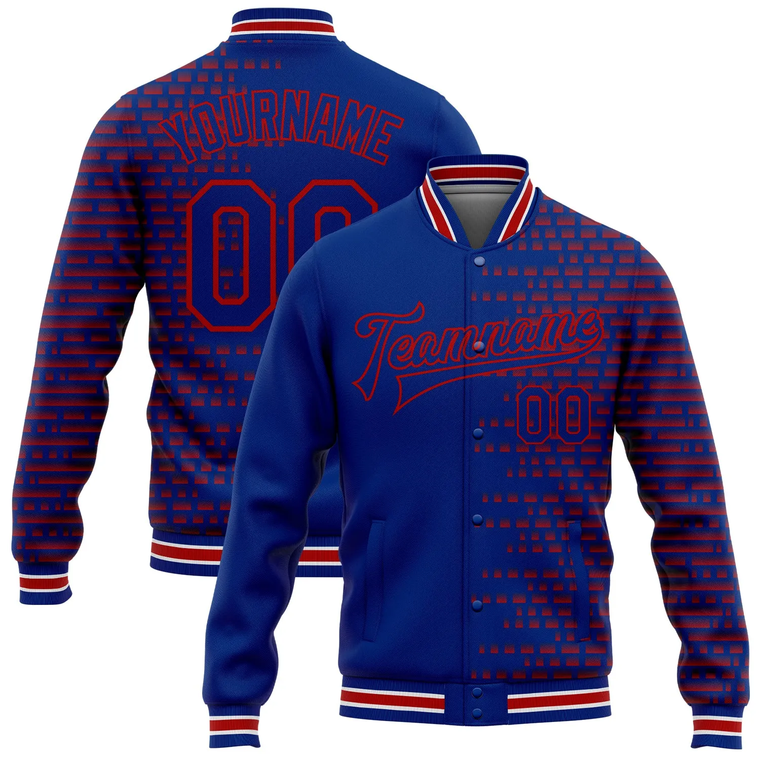 Custom Royal Red-White Halftone 3D Pattern Design Bomber Full-Snap Varsity Letterman Jacket