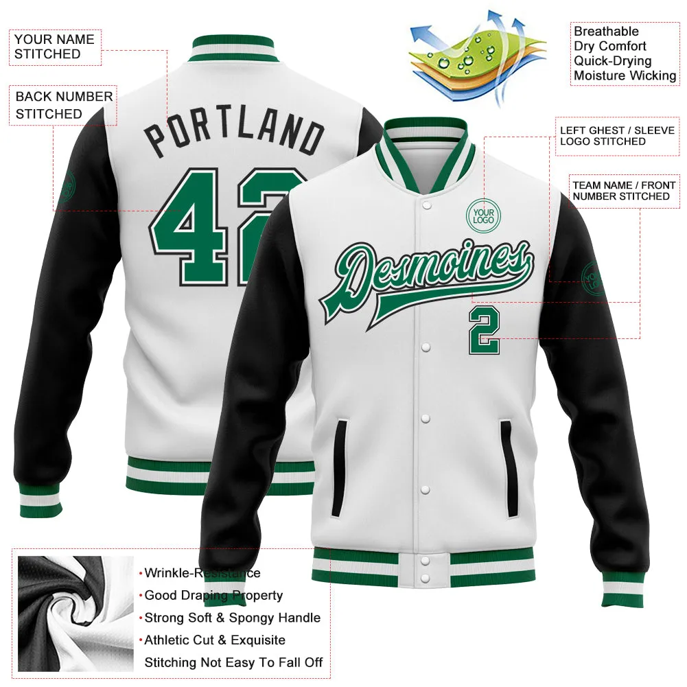 Custom White Kelly Green-Black Bomber Full-Snap Varsity Letterman Two Tone Jacket