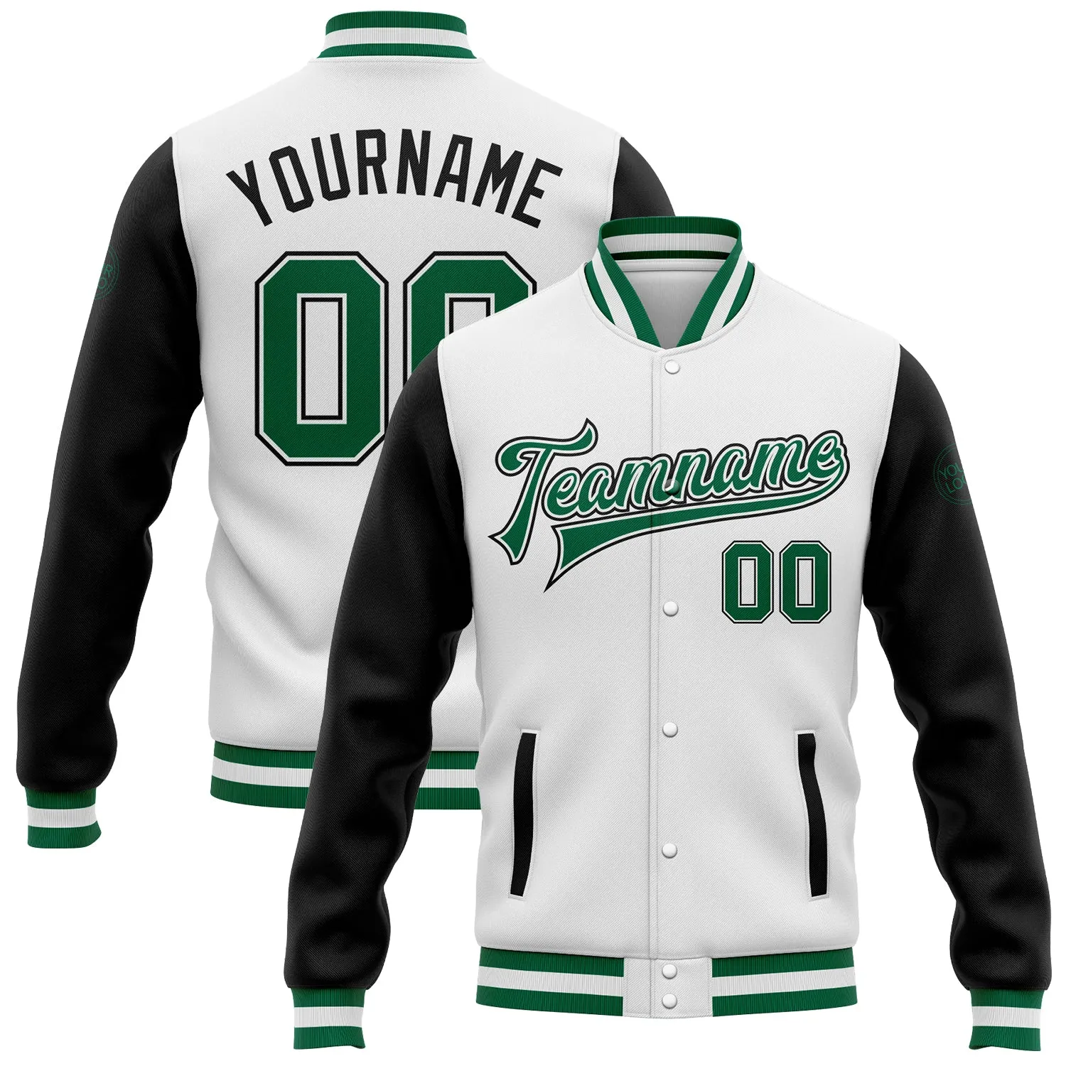 Custom White Kelly Green-Black Bomber Full-Snap Varsity Letterman Two Tone Jacket