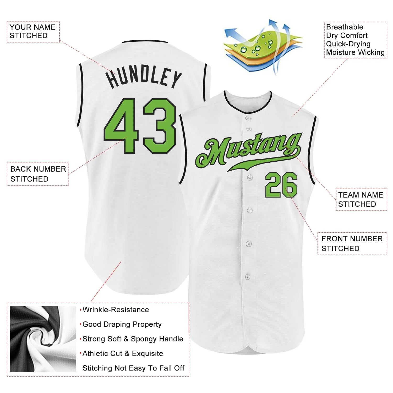 Custom White Neon Green-Black Authentic Sleeveless Baseball Jersey