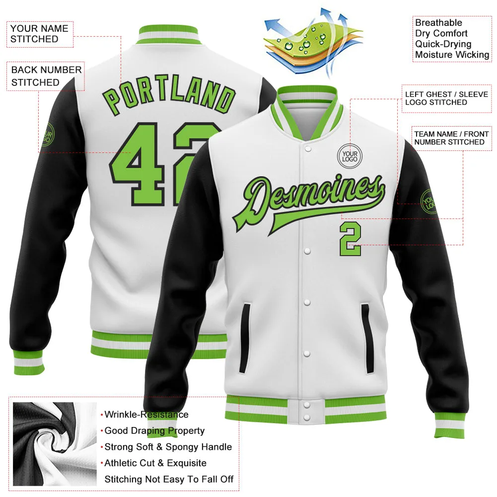 Custom White Neon Green-Black Bomber Full-Snap Varsity Letterman Two Tone Jacket