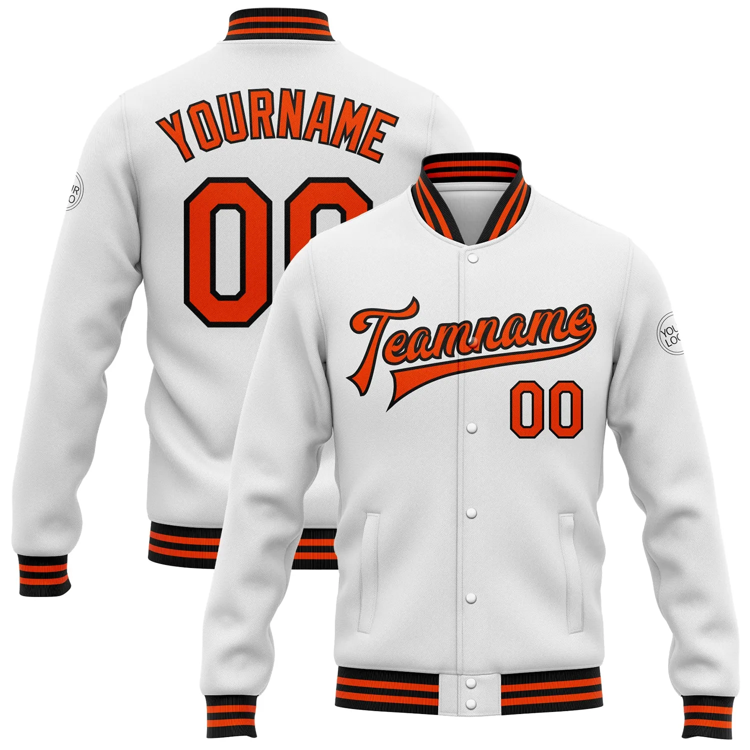 Custom White Orange-Black Bomber Full-Snap Varsity Letterman Jacket