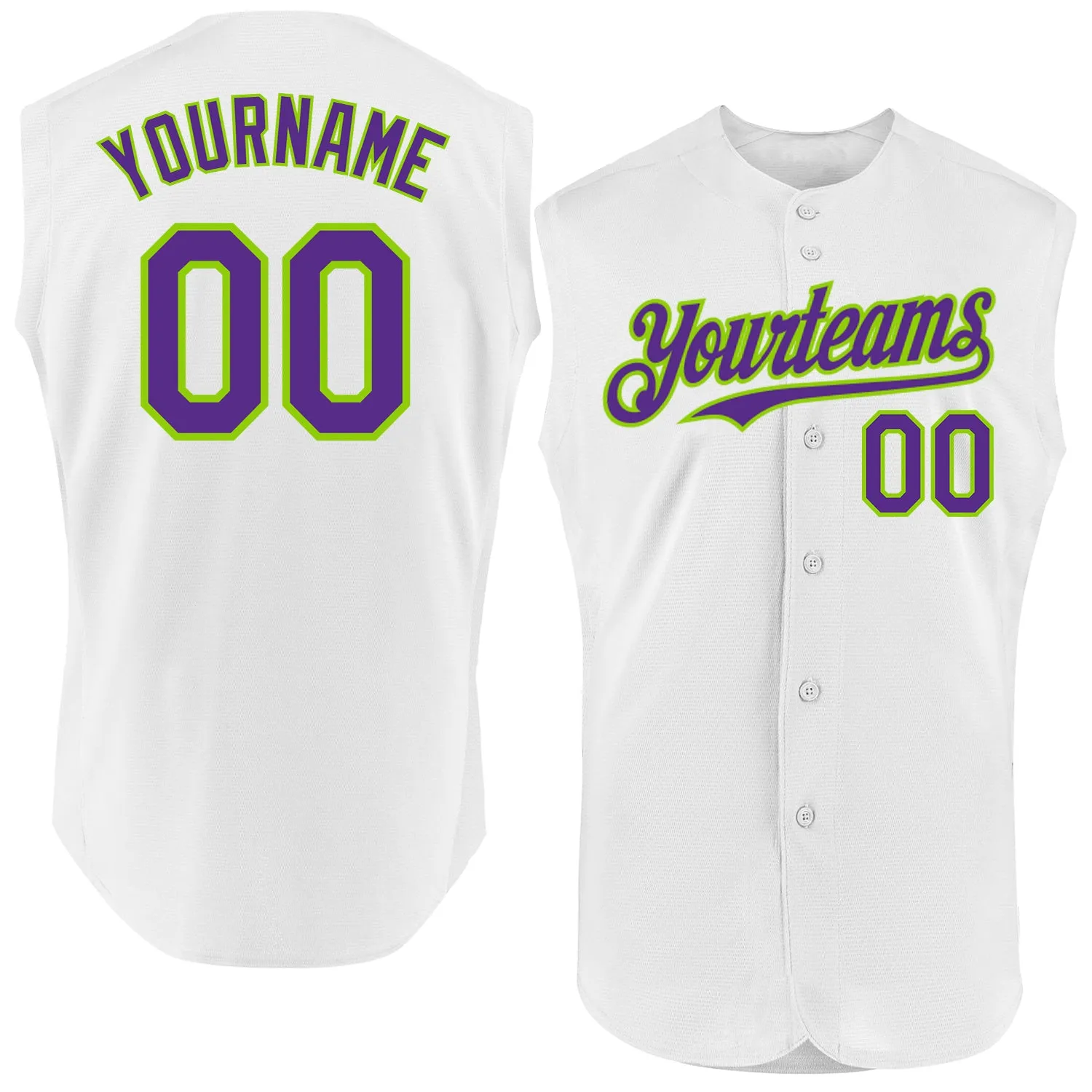 Custom White Purple-Neon Green Authentic Sleeveless Baseball Jersey