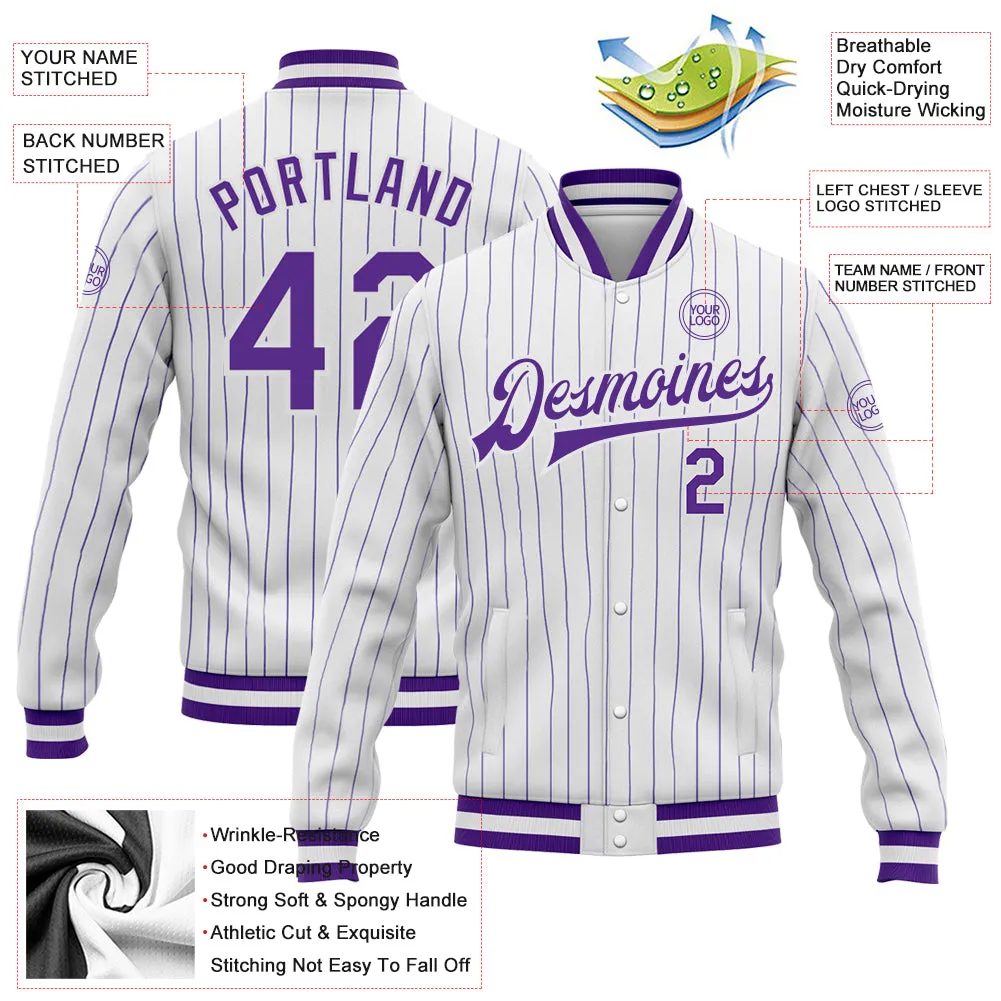 Custom White Purple Pinstripe Purple Bomber Full-Snap Varsity Letterman Jacket