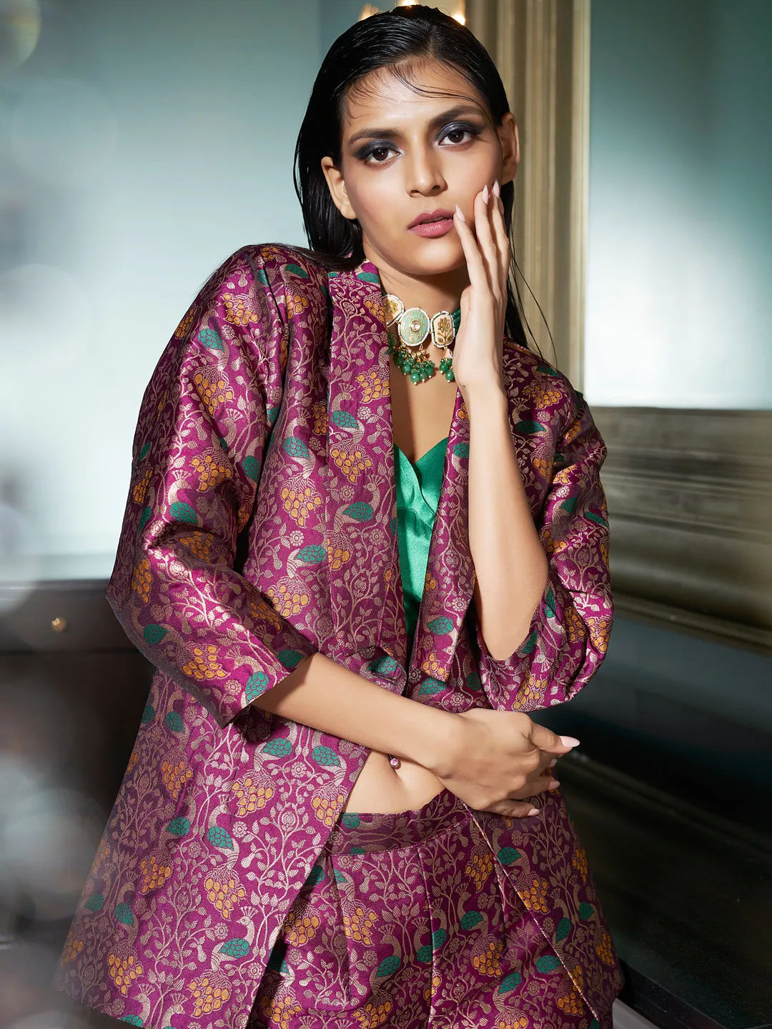 Dark Purple Jacquard Banarasi Brocade A-Line Blazer With Pant