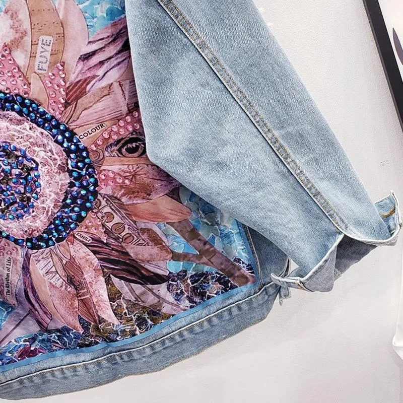 Denim Jacket Sequin Floral Appliques Embroidery Long Sleeve Outerwear