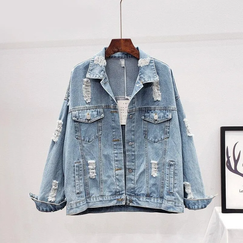 Denim Jacket Sequin Floral Appliques Embroidery Long Sleeve Outerwear