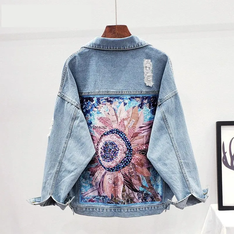 Denim Jacket Sequin Floral Appliques Embroidery Long Sleeve Outerwear