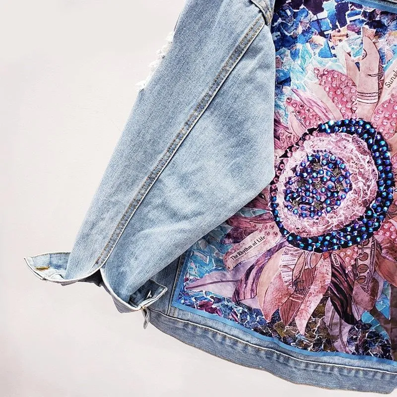 Denim Jacket Sequin Floral Appliques Embroidery Long Sleeve Outerwear