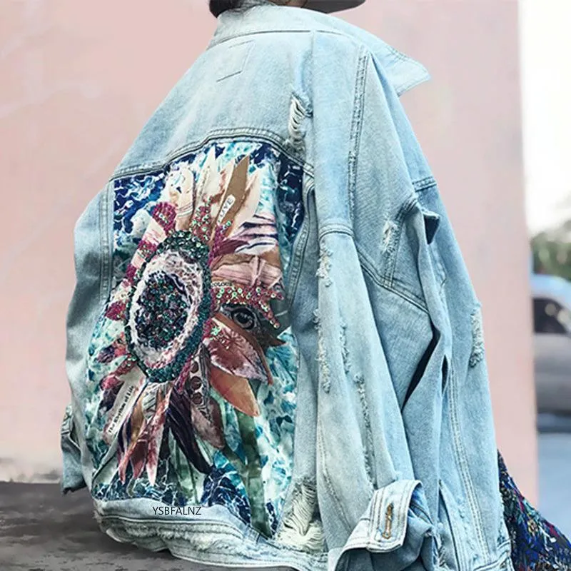 Denim Jacket Sequin Floral Appliques Embroidery Long Sleeve Outerwear