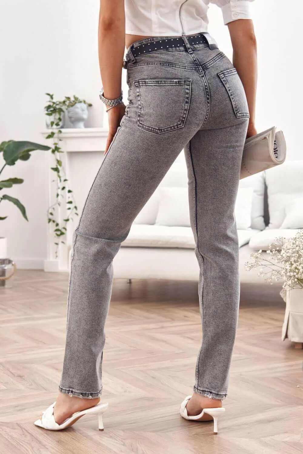 Denim jeans with a straight belt, dark gray RR2069