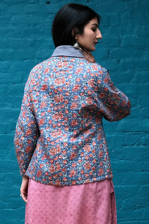 Dharan " Blue Overlap Quilted Jacket" Blue Block Printed Reversible Jacket