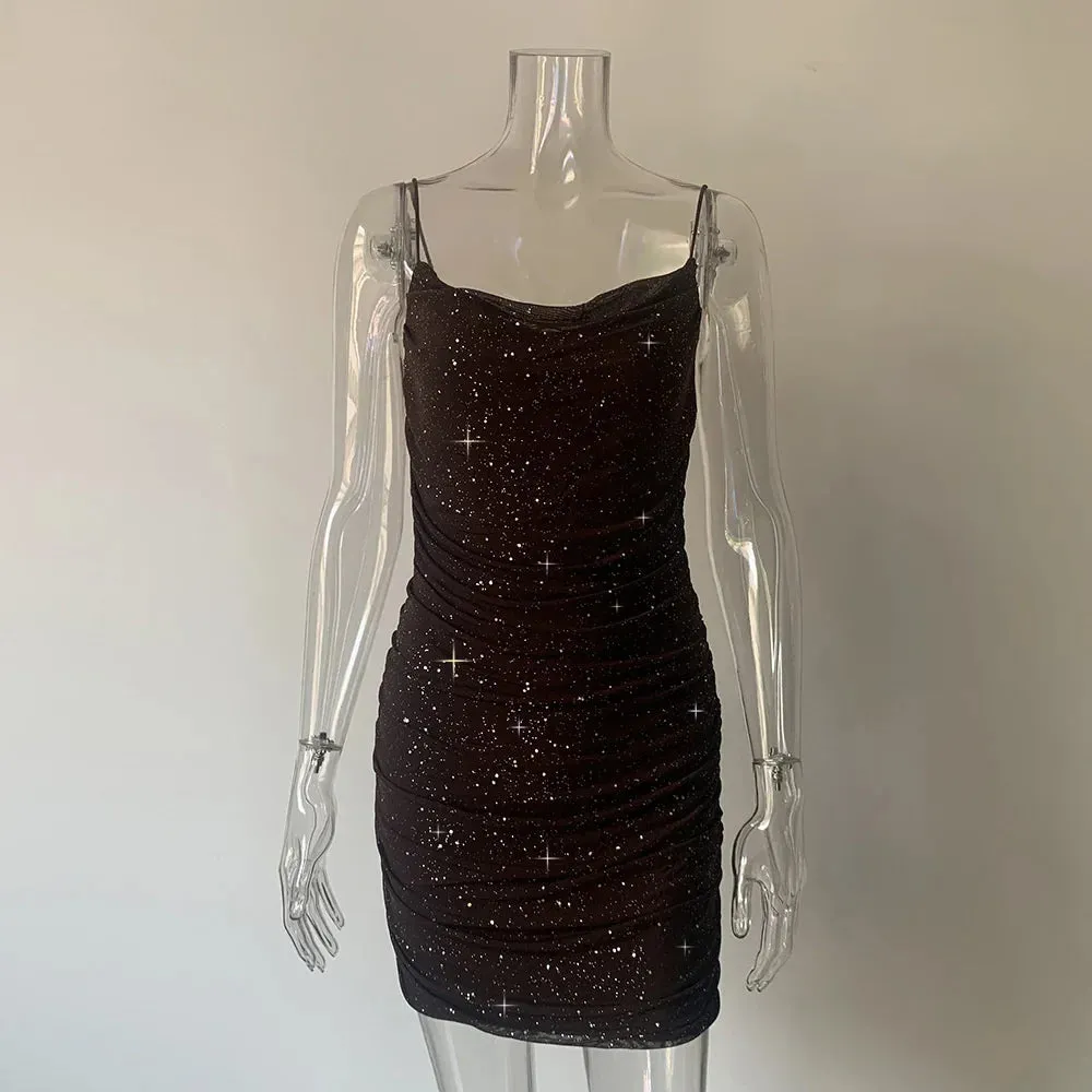 Diamonds Glitter Ruched Sexy Sparkle Mini Backless Bodycon Mesh Dress