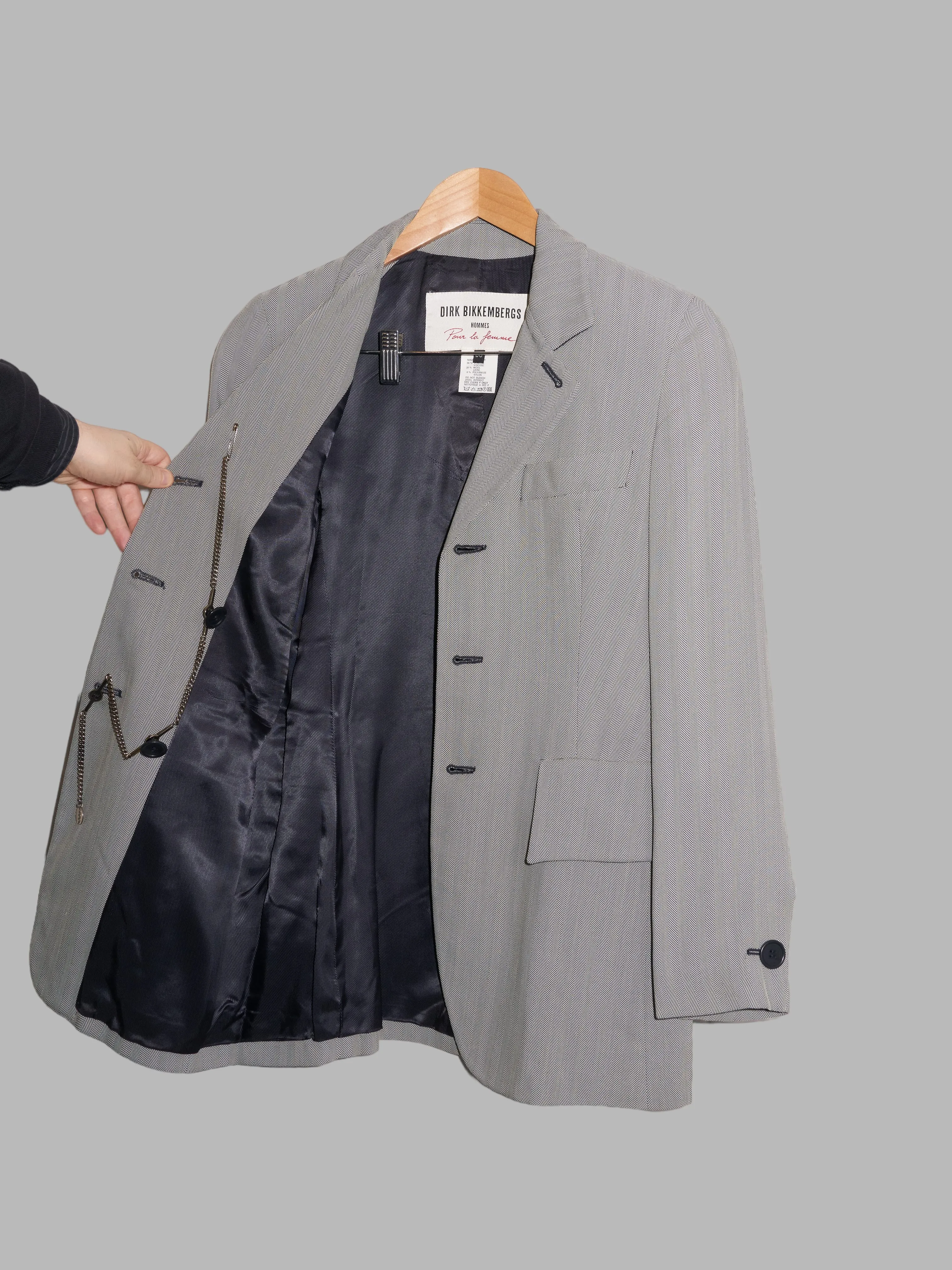 Dirk Bikkembergs spring 1995 grey herringbone detachable button chain blazer