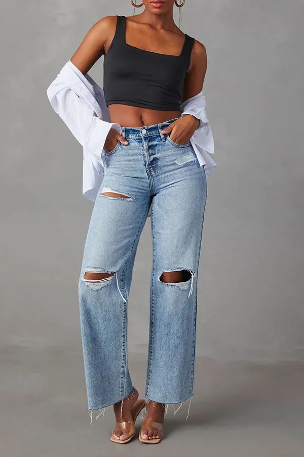 Distressed High Waist Straight Jeans