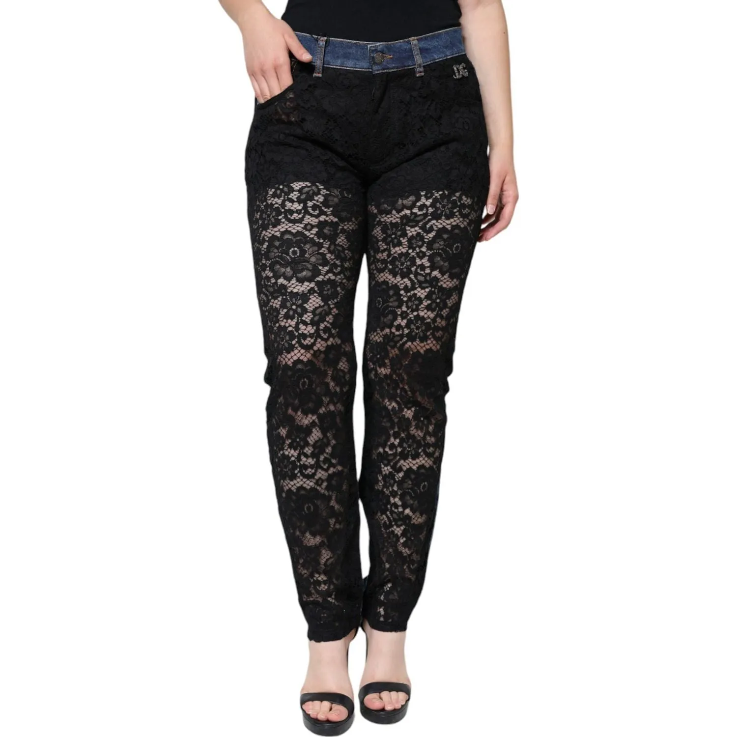 Dolce & Gabbana Black Floral Lace Front Skinny Denim Jeans