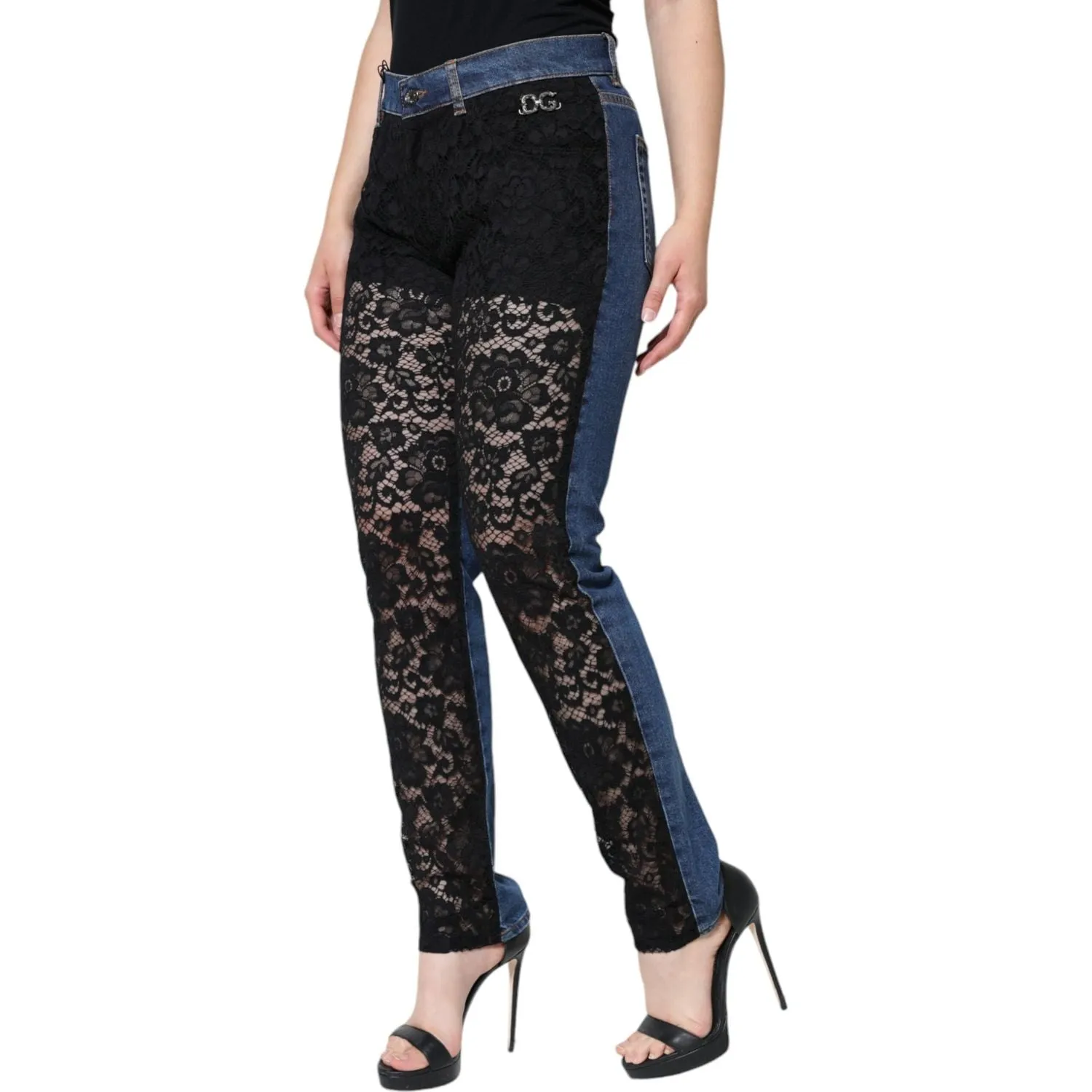 Dolce & Gabbana Black Floral Lace Front Skinny Denim Jeans