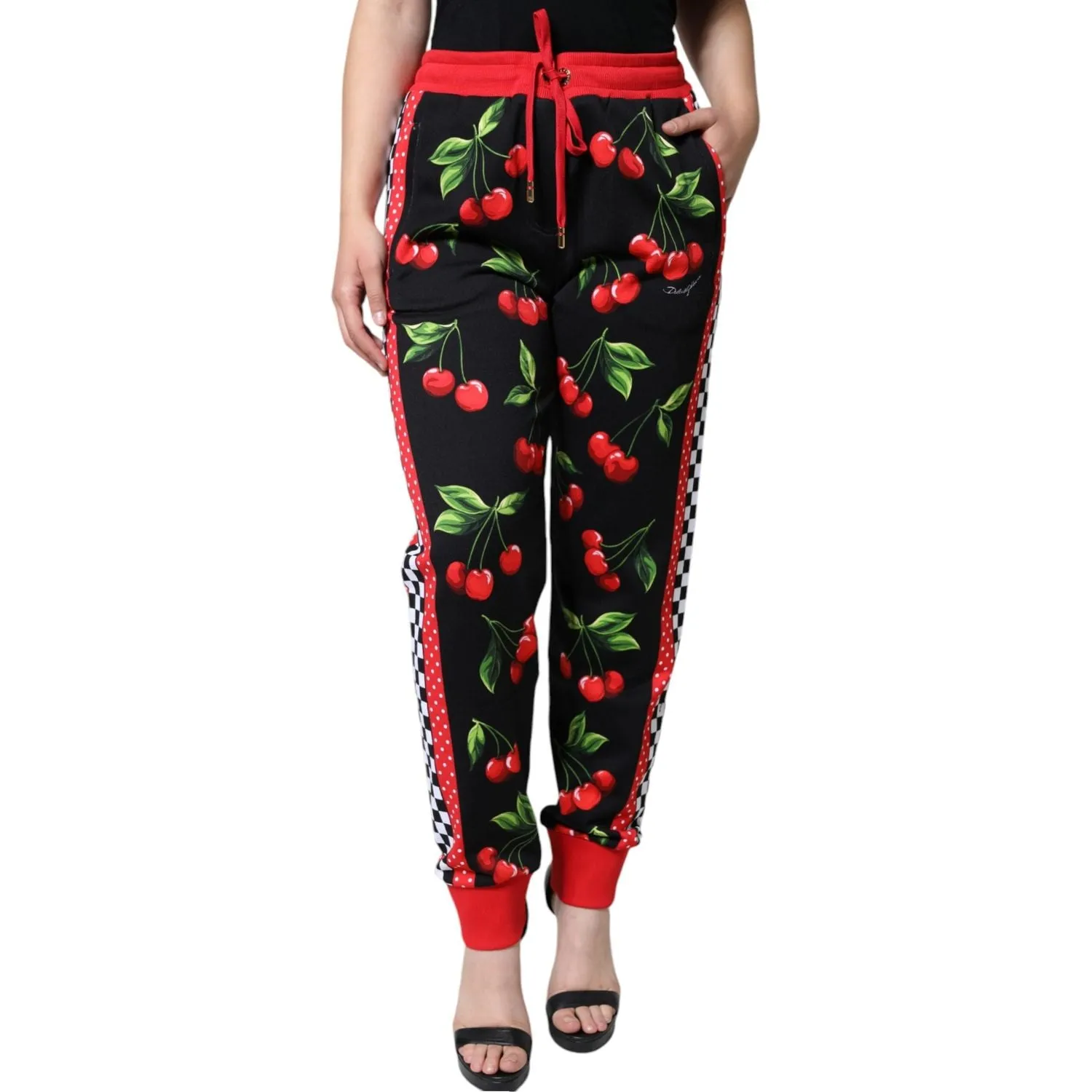 Dolce & Gabbana Black Red Cherry Mid Waist Jogger Pants