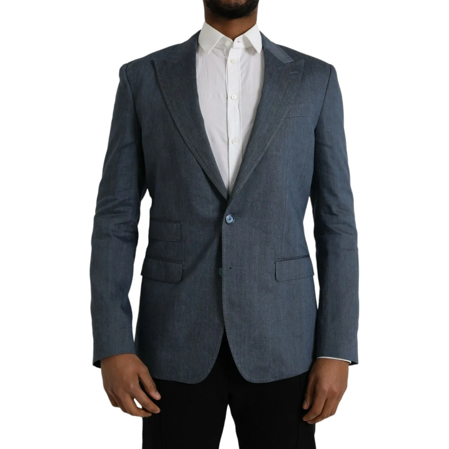 Dolce & Gabbana Blue Linen NAPOLI Single Breasted Coat Blazer