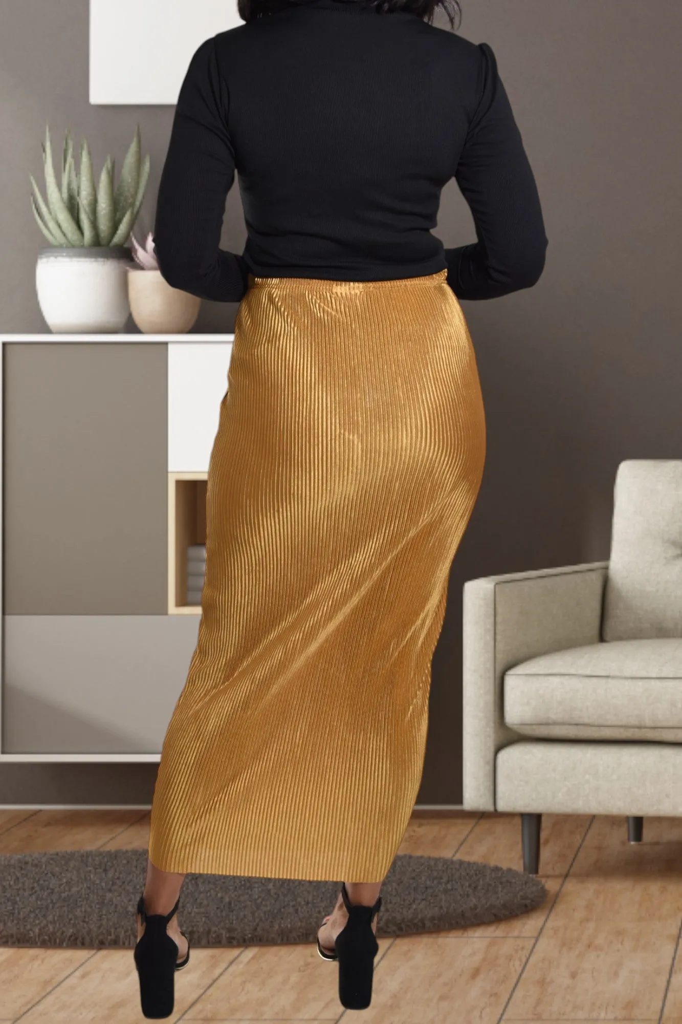 Elastic Waist Gold Pencil Skirt