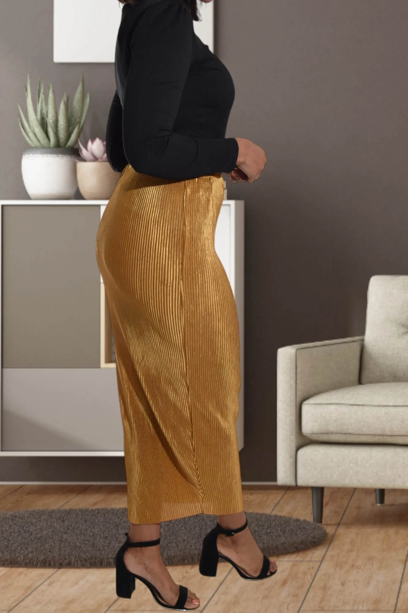 Elastic Waist Gold Pencil Skirt