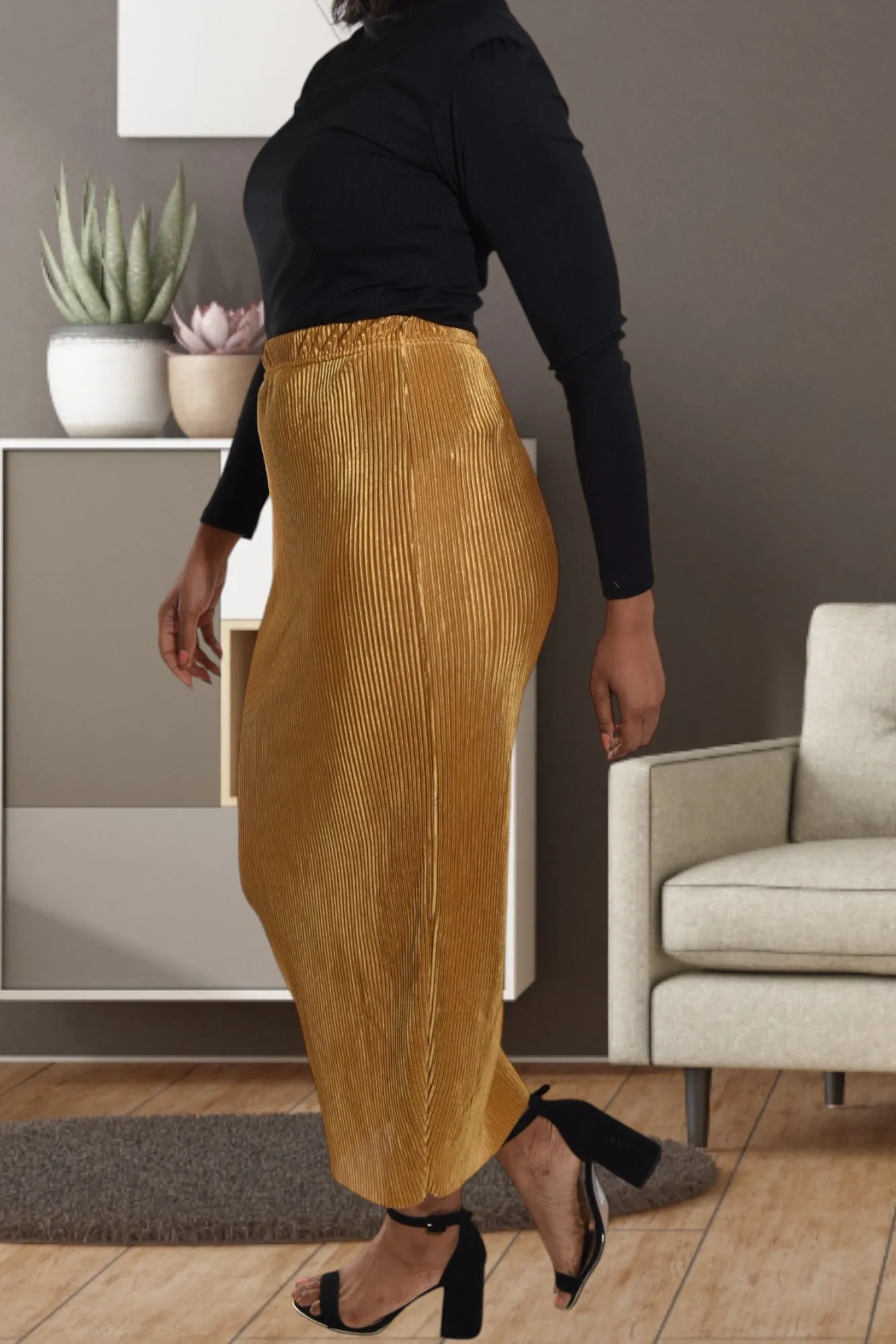 Elastic Waist Gold Pencil Skirt