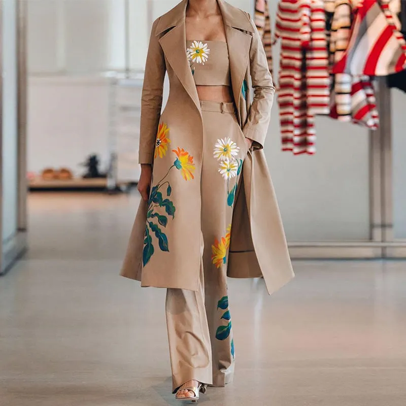 Elegant Floral Print Long Trench Coat Set for Women - Perfect for Autumn and Winter